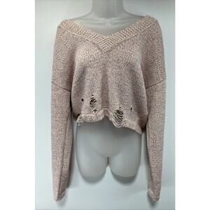 Lelis Womens Pullover Sweater Pink Long Sleeve Ribbed Knit Frayed Medium